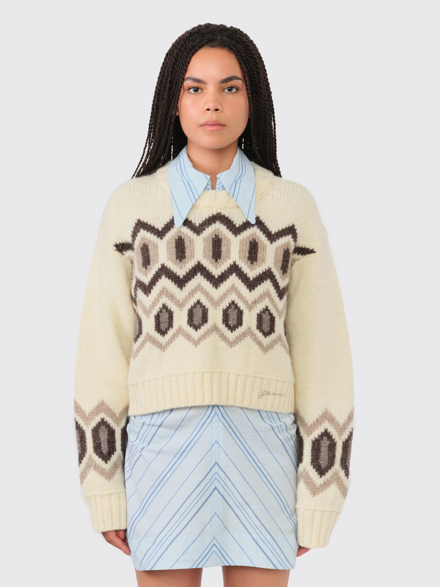 Chunky Graphic Wool Cropped O-Neck