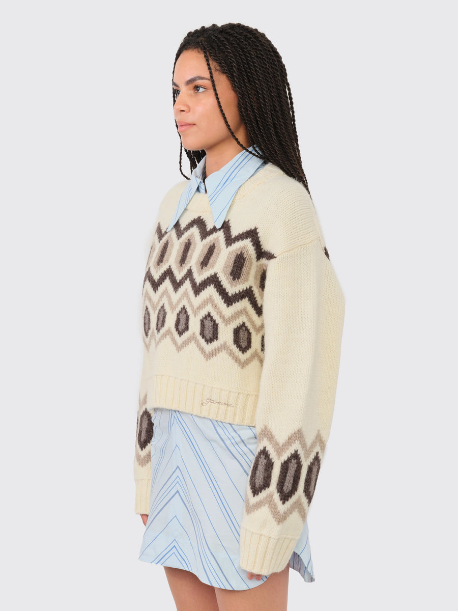 Chunky Graphic Wool Cropped O-Neck